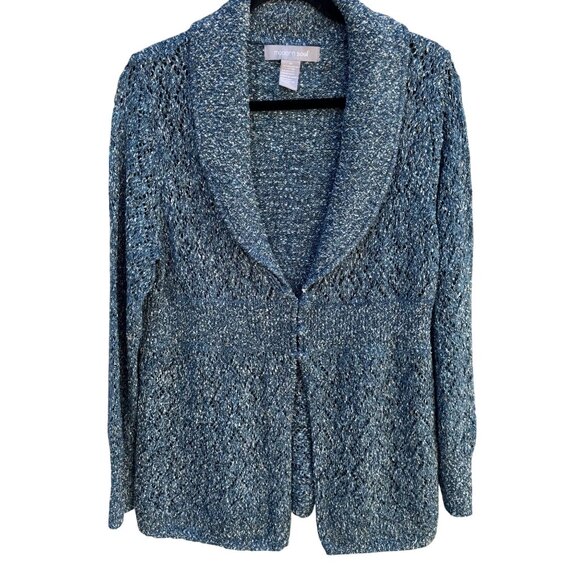 Modern Soul Womens Shawl Collar Blue Metallic Open Knit Cardigan Sweater Jacket - Picture 1 of 11